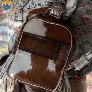 Fringed Cowhide Leather Belt Bag in Brown & White